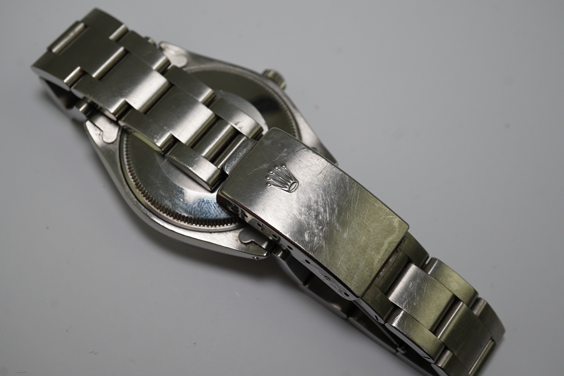 A gentleman's early 1980's stainless steel Rolex Oyster Perpetual wrist watch, on a stainless steel Rolex bracelet